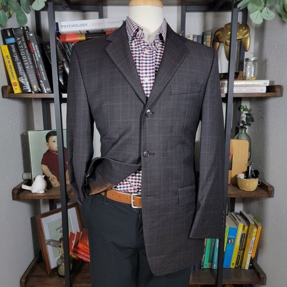 Calvin Klein Men's‎ Sport Coat Blazer Three Button Brown Plaid Wool Size 37R